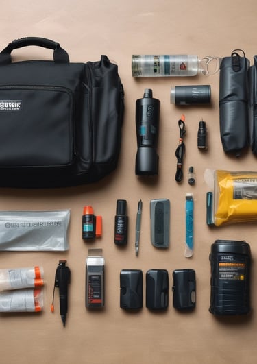 A confident woman holding a compact safety kit, standing in a warmly lit urban setting.
