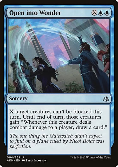 Magic: The Gathering Open into Wonder sorcery card from Amonkhet featuring blue magic and figures.