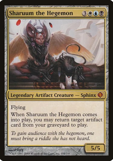 Sharuum the Hegemon Magic the Gathering legendary artifact sphinx card with flying and artifact recursion abilities.