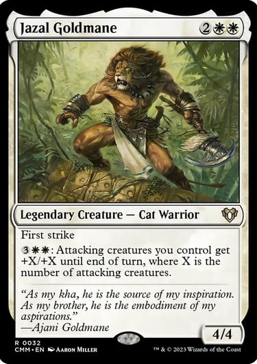 Jazal Goldmane Magic the Gathering card featuring a lion-like Cat Warrior in a jungle setting.
