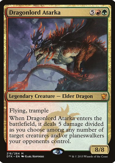 Dragonlord Atarka Magic: The Gathering card featuring a powerful 8/8 legendary elder dragon with flying and trample.