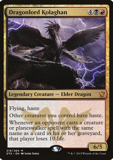 Dragonlord Kolaghan Magic the Gathering card featuring an elder dragon with wings spread amidst lightning.
