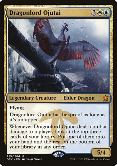 Dragonlord Ojutai Magic the Gathering card featuring a white and blue elder dragon with feathered wings.