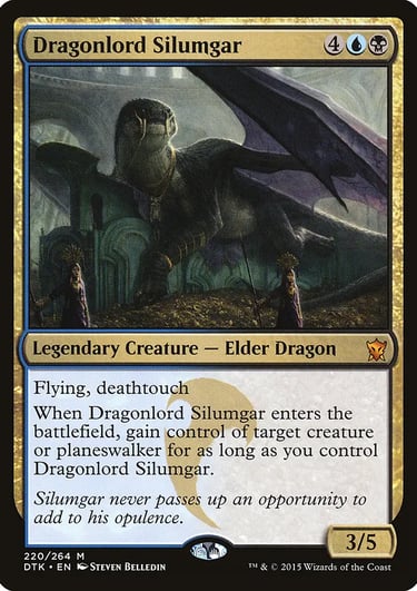 Dragonlord Silumgar Magic: The Gathering card featuring an elder dragon sitting on a pile of gold.