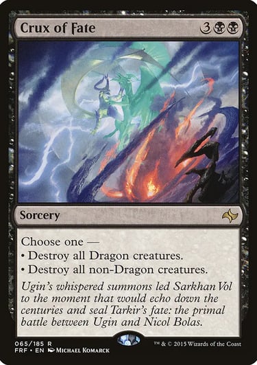 Crux of Fate Magic the Gathering trading card featuring Ugin and Nicol Bolas fighting.