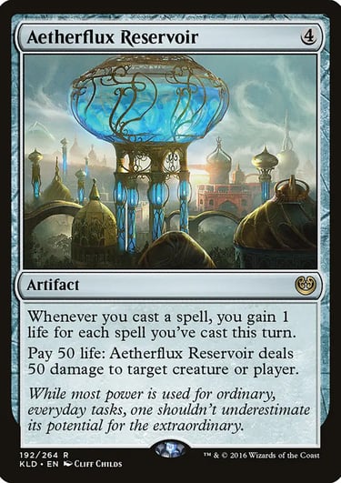 Aetherflux Reservoir Magic the Gathering card featuring a glowing blue energy tower in a Kaladesh cityscape.