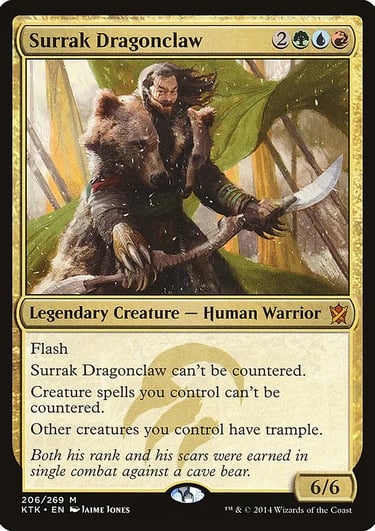 Surrak Dragonclaw Magic: The Gathering card featuring a warrior fighting a bear with a dagger.