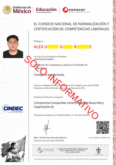 A Mexican CONOCER certificate of labor competency for Alex, specializing in addiction counseling.