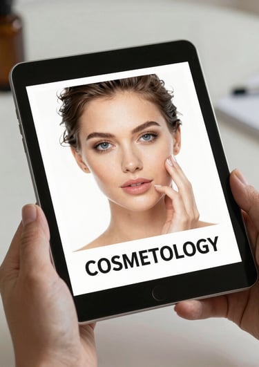 A cozy workspace with a laptop open to an ebook on cosmetology, surrounded by beauty devices and notes.