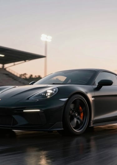 A matte black Porsche 718 Cayman GT4 RS driving on a race track at sunset.