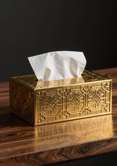 A sleek wooden and metal kitchenware set elegantly arranged on a black marble countertop with gold accents.