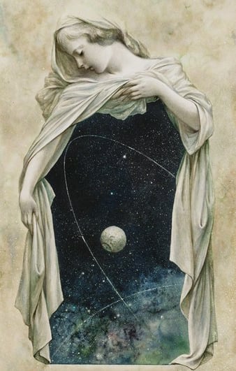 Personnage féminin dévoilant la Lune dans le ciel