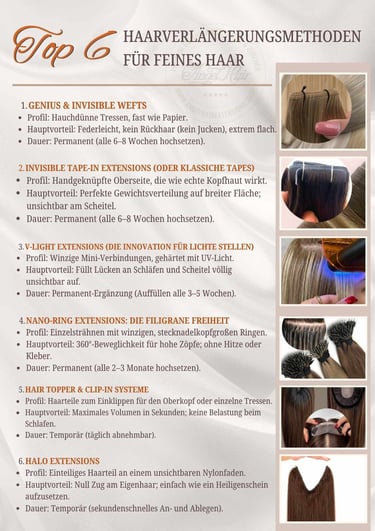 Top 6 hair extension methods for thin hair infographic featuring wefts, tapes, and nano rings.