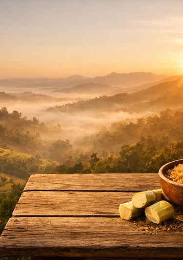 premium natural brown sugar Bangladesh with sugarcane and hill landscape sunrise