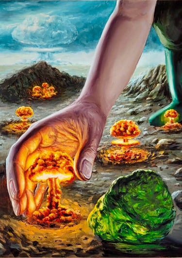 Surreal oil painting of a giant hand picking miniature nuclear mushroom clouds from a barren landscape.