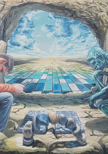 Surreal oil painting of a man and a stone statue sitting in a rocky cave overlooking a checkered horizon.