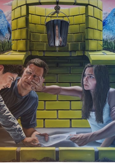 Surreal oil painting of people trapped underground in a yellow brick bunker under bluebirds.
