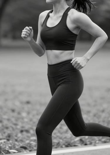 Athlete wearing a sleek black training shirt, running outdoors on a sunny day.