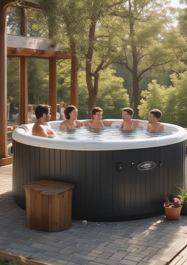 Žmonės lauke karštame kubile