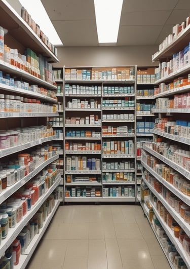 A shelf filled with various bottles of medication, each labeled with different drug names and dosages. The labels are primarily white with some colorful accents. The bottles vary in size and shape, typical of a pharmacy or medical supply setting.