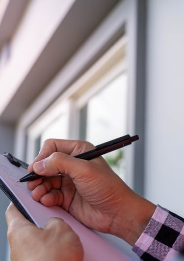 "Home inspector holding clipboard checklist in front of a house, symbolizing Home Watch visit and re