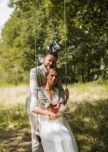 a bride and groom are posing for a photo