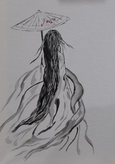 Ilustración a lápiz y tinta de una muchacha japonesa de espaldas, con sombrilla, de Óscar Ocaña Parrón