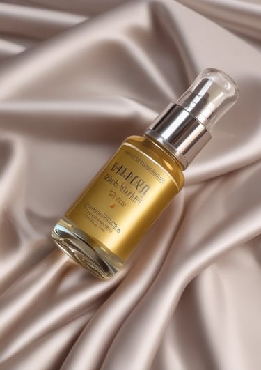 Elegant serum bottle resting on soft ivory silk, bathed in warm natural light.