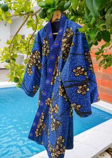 Sofatie wax print kimono outerwear in bold blue tones