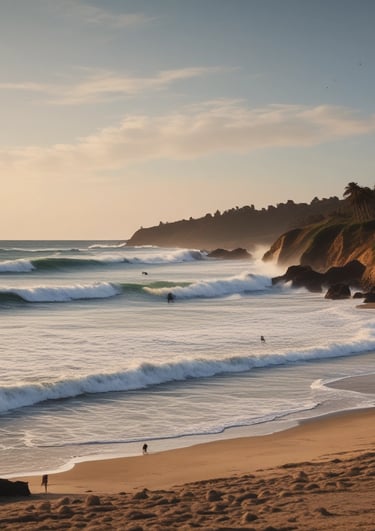 A group of people wearing bright green and red clothing gather in a circle on a sandy beach, surrounded by colorful surfboards arranged like a sunburst. The ocean waves gently roll towards the shore in the background.