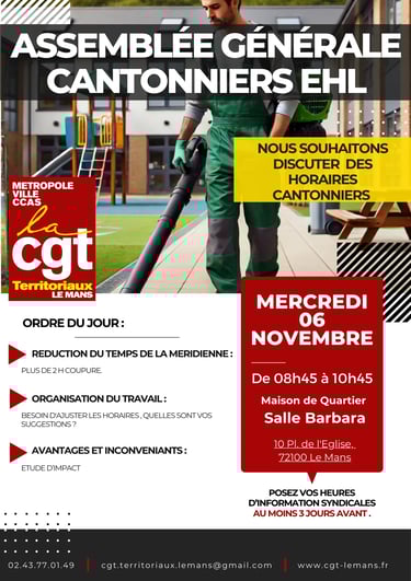 Image d'un agent d'entretien scolaire soufflant une cour, illustration pour un tract