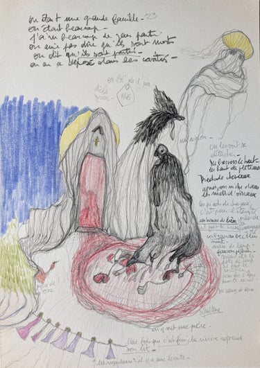 karine-nguyen-van-tham-dessin médiumnique, rite funéraire dans une cavité, homme de lien, 24x34