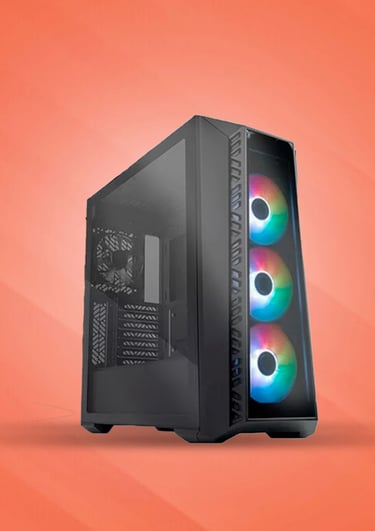Computadora gamer con coolers de colores y gabinete negro