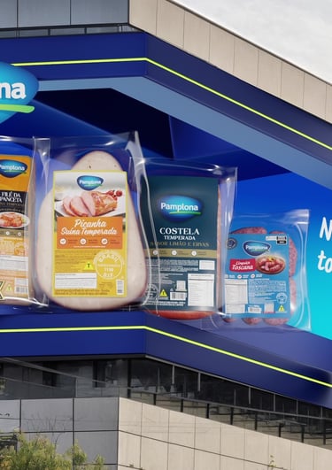 Billboard Telão 3D exibindo um vídeo 3D da Pamplona Alimentos, desenvolvido por Neopixel Digital