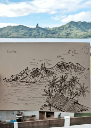 Croquis sépia de Huahine, carnet de voyage par Marion Guizzardi, artiste et créatrice, Montpellier.