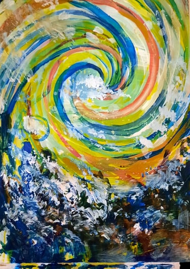 peinture acrylique aux couleurs vives représentant un paysage montagneux enneigé au style psychédélique et abstrait