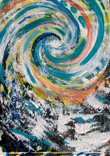 peinture acrylique aux couleurs vives représentant un paysage montagneux enneigé au style psychédélique et abstrait
