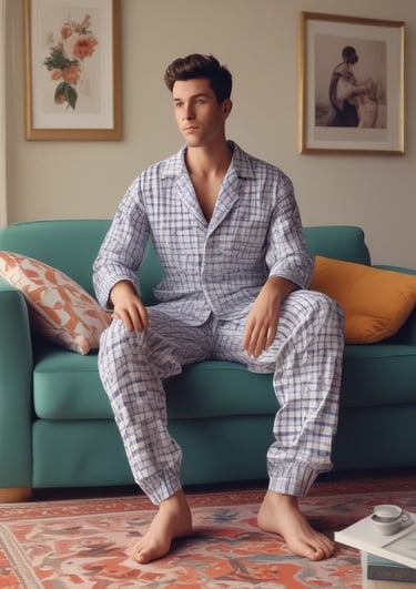 A person wearing dark blue pajamas with white star patterns is sitting on a comfortable sofa, holding a tablet. The room is softly lit by a nearby floor lamp, with framed artwork adorning the wall behind them. A green cushion adds a touch of color to the sofa.