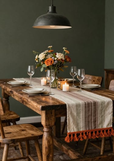 A cozy dining table set with elegant woven table runners in soft natural tones.