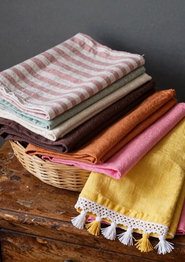 A stack of neatly folded linen napkins with subtle patterns in calming colors.