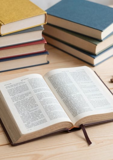 An opened Bible with a Crucifix on it on a light table background