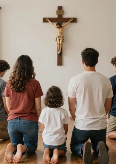 An animation of a family praying before a crucifix