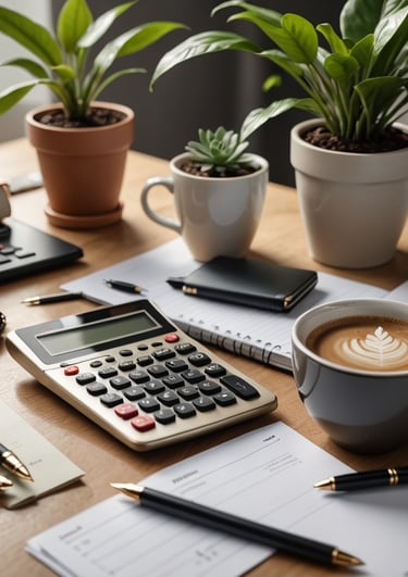 Desk with calculator, pens, books for money saving ideas, budgeting, finances, expenses.