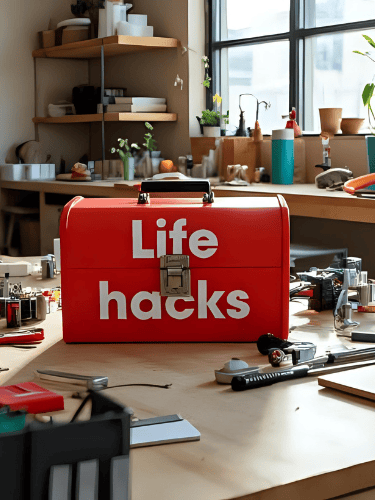 Life hack toolkit filled with tools to increase productivity, parenting tips, health tips