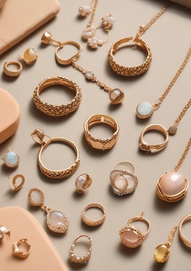 A delicate assortment of minimalist jewelry pieces displayed on a soft pastel fabric.