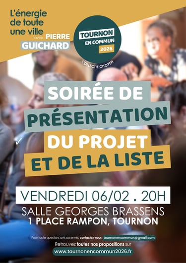Affiche de présentation de la soirée de présentation du projet et de la liste de Tournon en Commun 2026