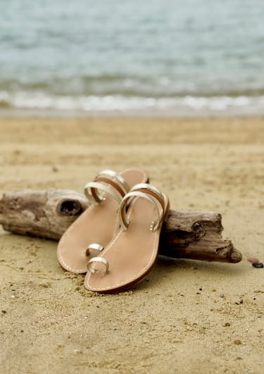 Custom leather sandals in tan and platina Italian leather handcrafted by Swaachi