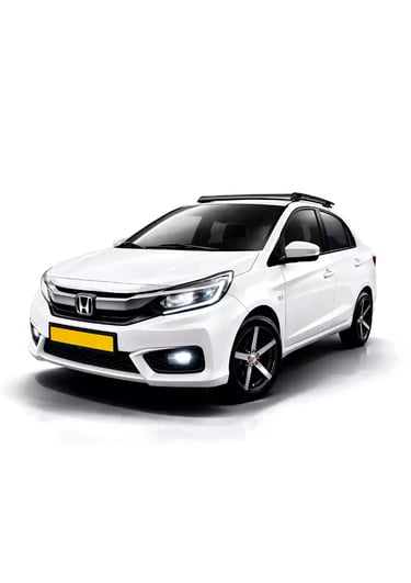 White Honda Amaze one way taxi by Saini taxi services with a luggage carrier rack