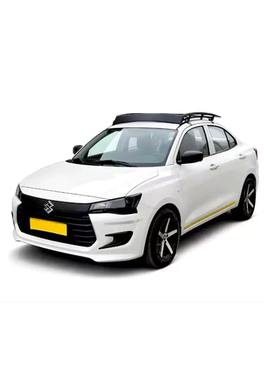 White Maruti Dzire one way taxi by Saini taxi services with a luggage carrier rack