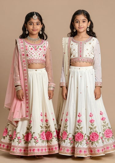 A vibrant rose pink girls lehenga set with delicate embroidery displayed on a wooden hanger.